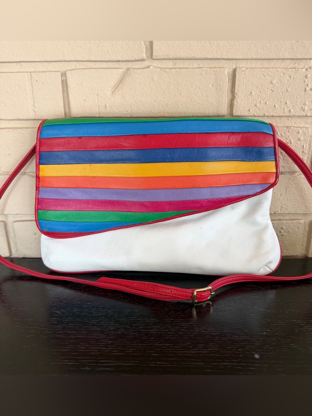 Vintage 80’s Brio! Rainbow Leather Shoulder Cross Body Bag Convertible Strap